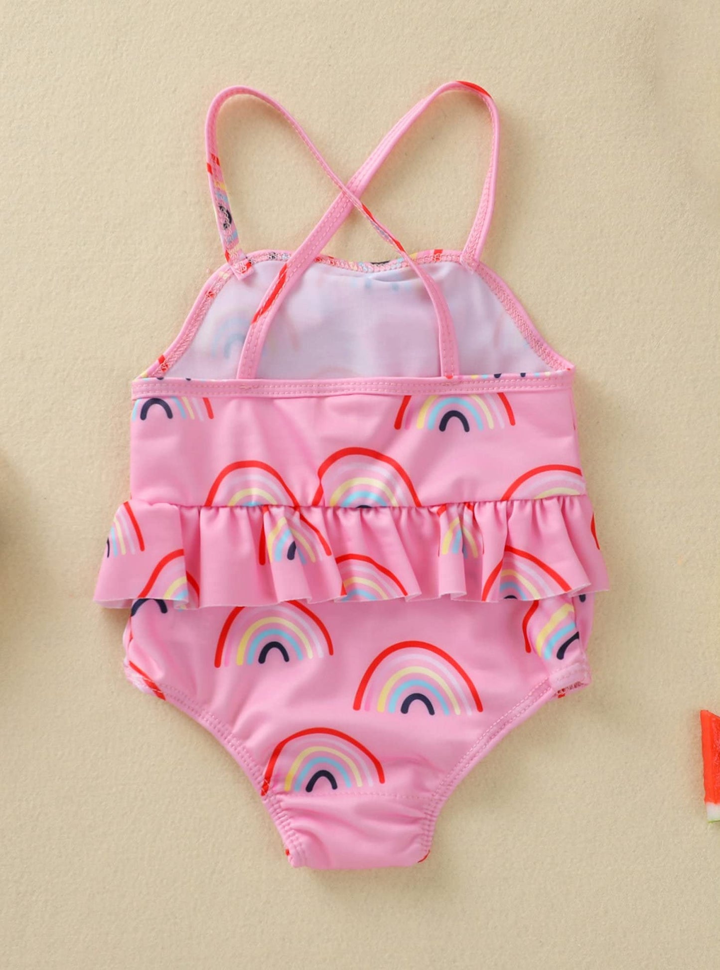 stylesilove Baby Toddler Girls Rainbow Print One-Piece Swimsuit Ruffle Crisscross Back Bathing Suit Beach Swimwear