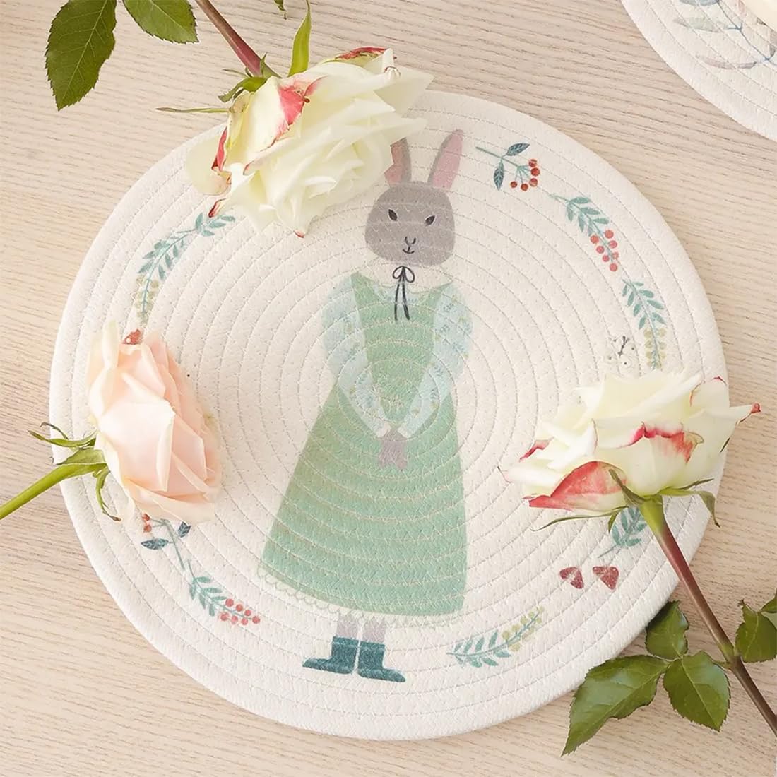 Fennco Styles Rabbit & Botanical Print Cotton Blend Woven Placemats 12" Round, Set of 4 - Cartoon Animal Design White Table Mats for Home Décor, Dining Table, Banquet, Holiday and Family Gathering