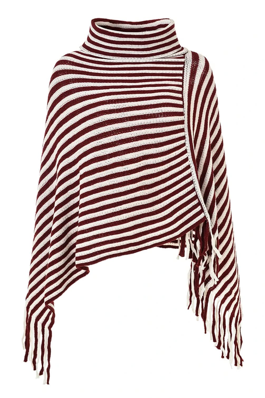 stylesilove Women Autumn Winter Knit Striped Turtleneck Fringe Poncho Pullover Shawl Warm Soft Wrap Lightweight Cape