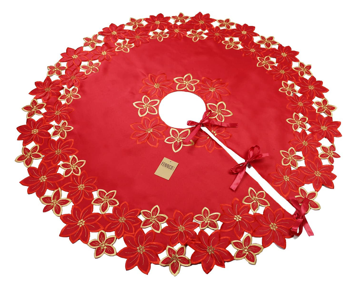 Fennco Styles Embroidered Poinsettia Cutwork Red Christmas Tree Skirt 68 Inch Round for Home, Holiday Decoration and Special Occasion