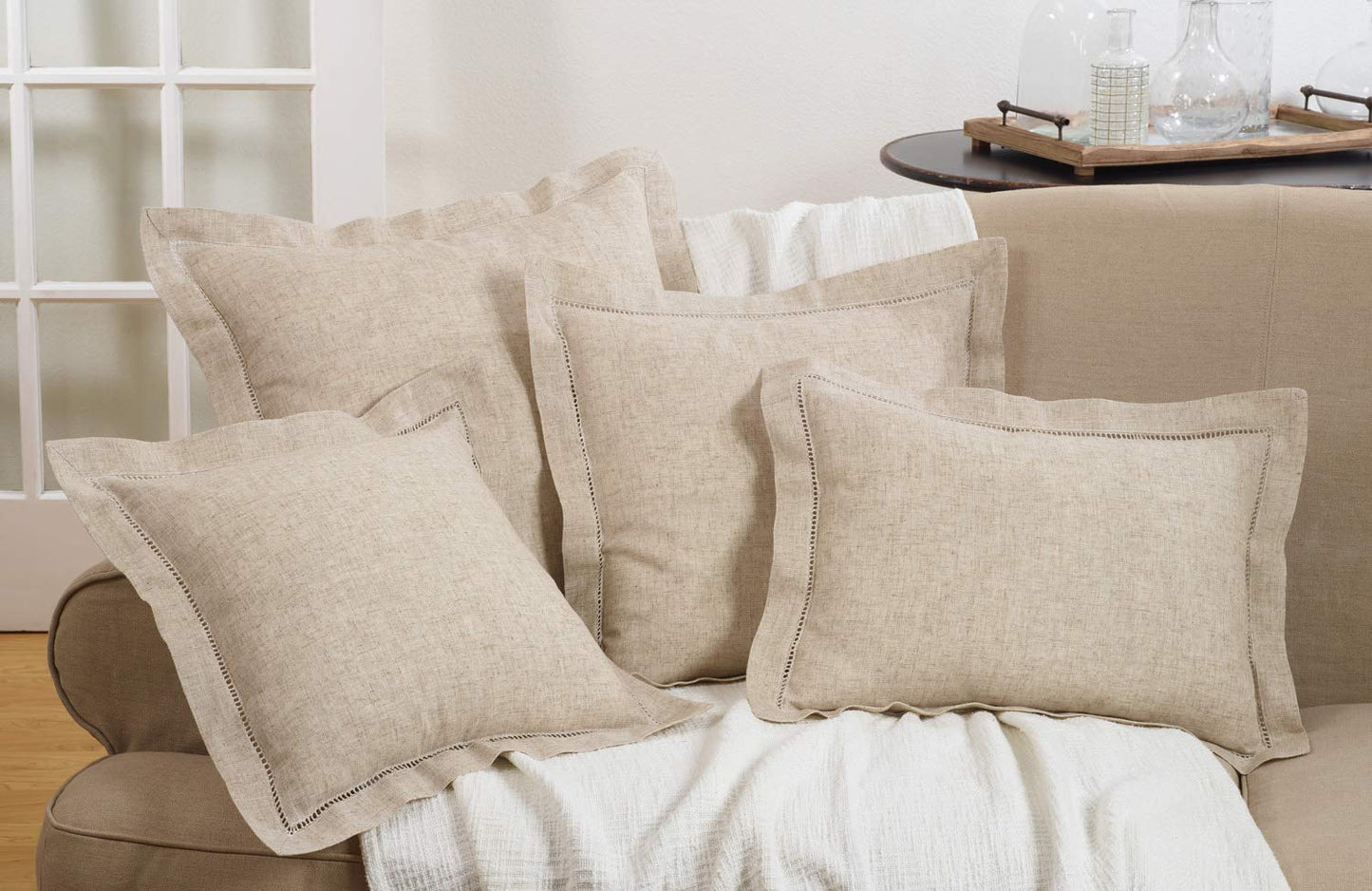 Fennco Styles Classic Hemstitched Linen Blend Decorative Throw Pillow Cover 14 x 20 Inch - Natural Pillow Case for Home, Couch, Living Room and Bedroom Décor