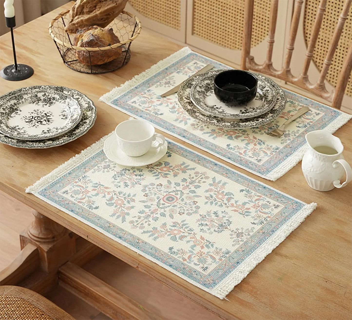 Fennco Styles Antique Turkish Printed with Fringe Placemats 14" W x 19" L, Set of 4 - Brown Oriental Woven Table Mats for Dining Room, Banquets, Family Gatherings, and Holidays