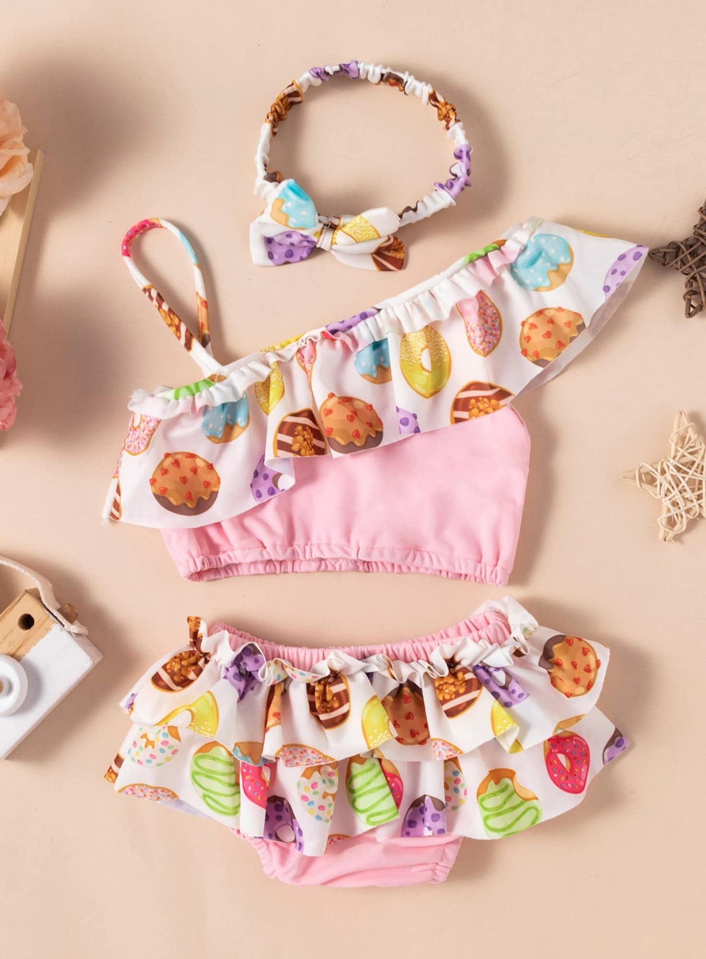 stylesilove Baby Toddler Girls Cute Donut Print Asymmetrical Flounce Bikini Swimsuit 2pcs Ruffle Bathing Suit Beachwear