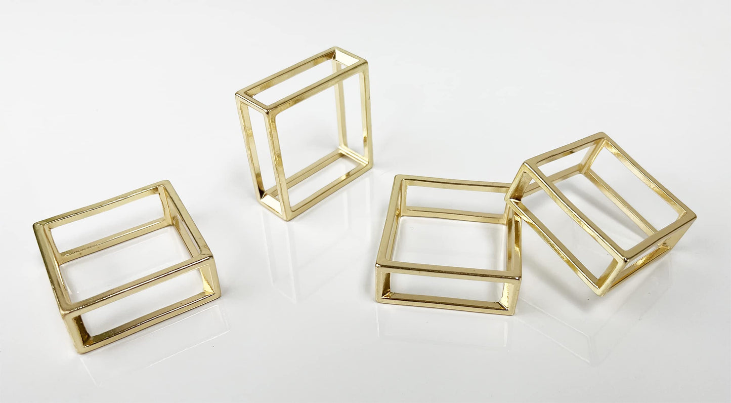 Fennco Styles Square Metal Frame Napkin Rings, Set of 4 - Gold Minimalist Bangle Napkin Holders for Home, Dining Room, Banquets, Family Gatherings, Holidays and Special Occasions