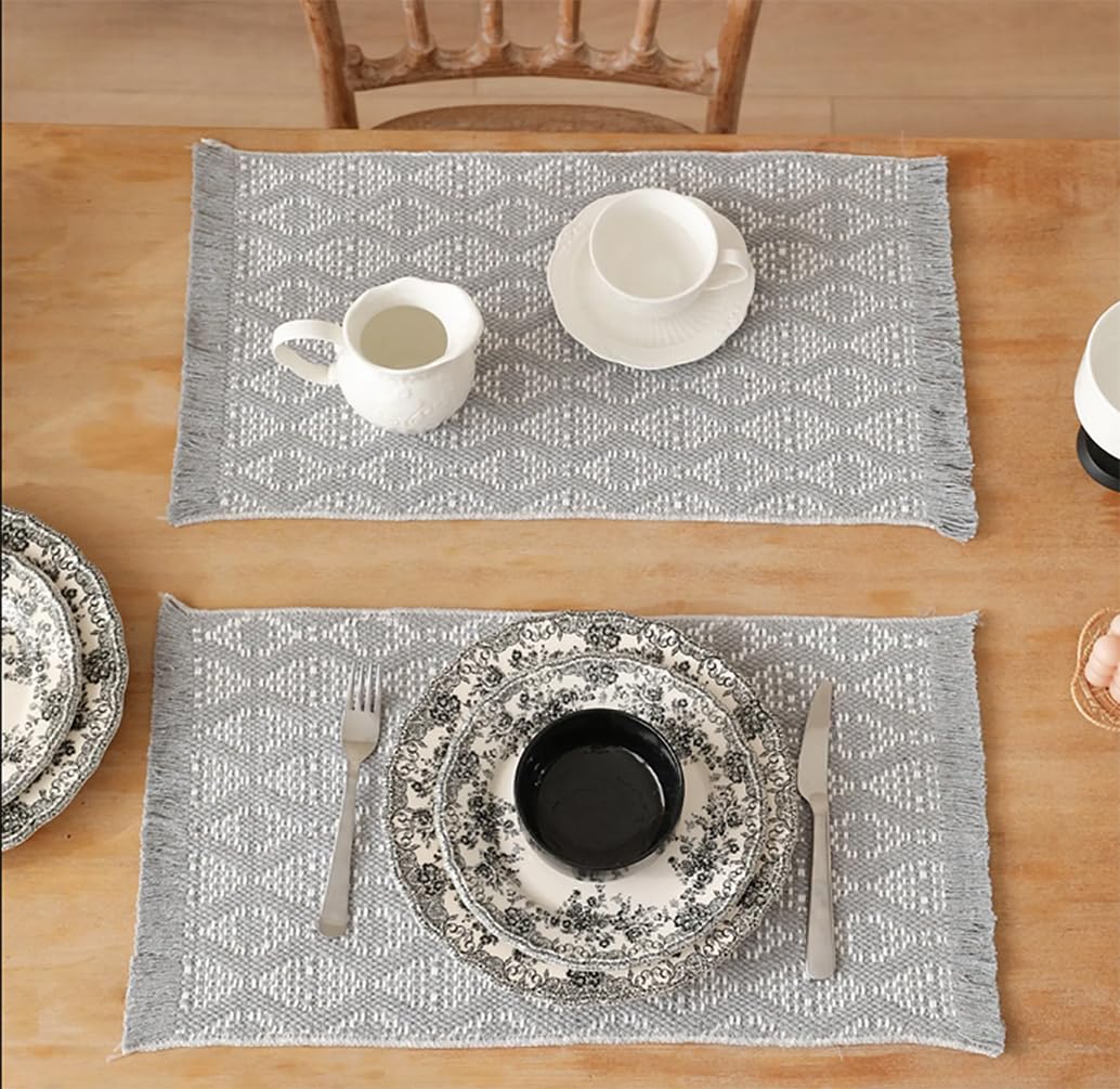 Fennco Styles Modern Diamond Woven Placemats 12" W x 19" L, Set of 4 - Grey Geometric Fringe Table Mats for Dining Room, Banquets, Family Gatherings, and Holidays