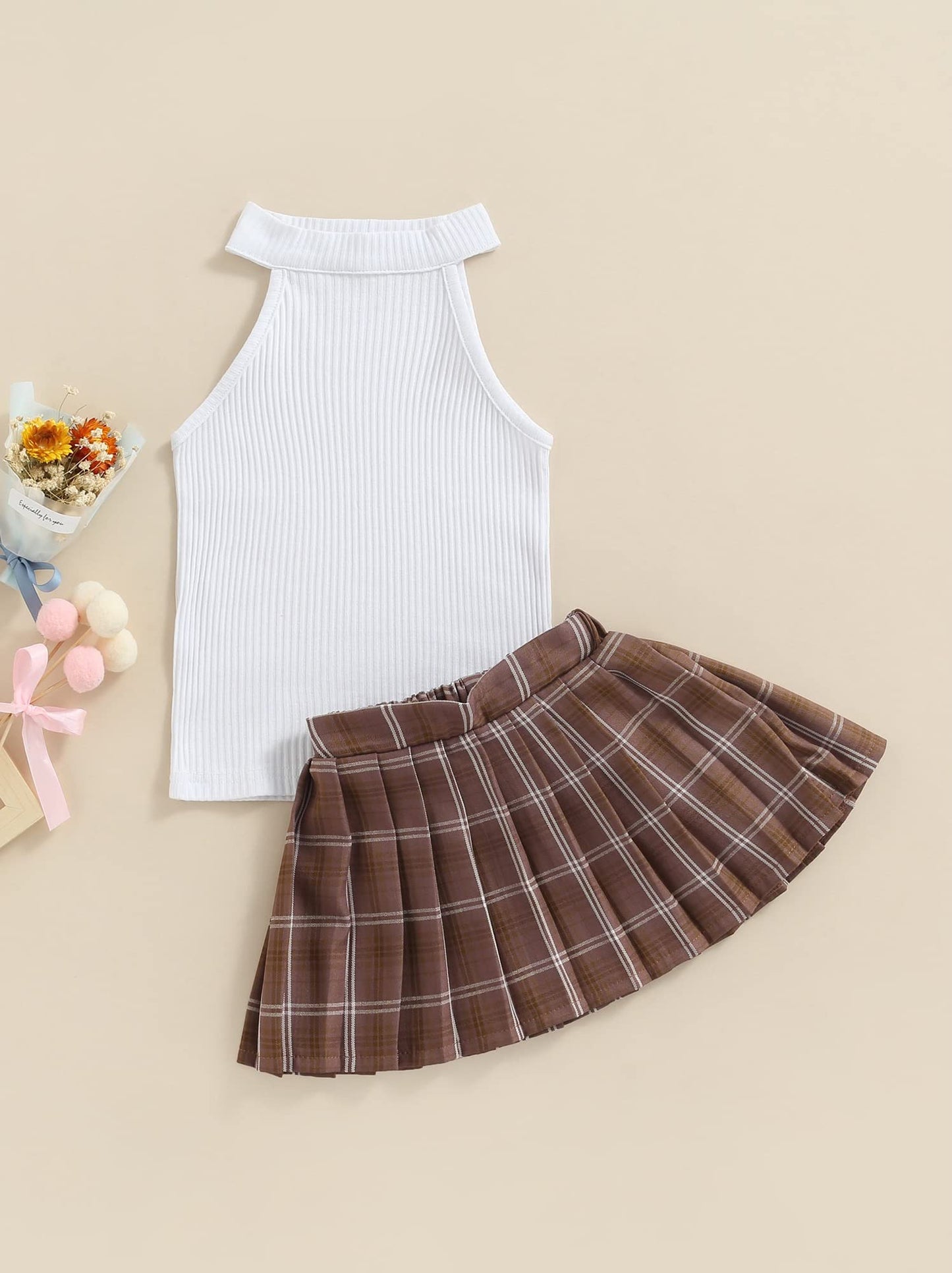 stylesilove Toddler Little Girls Solid Ribbed Tank Top & Plaid Mini Pleated Skirt 2pcs Summer Casual Dress Outfit
