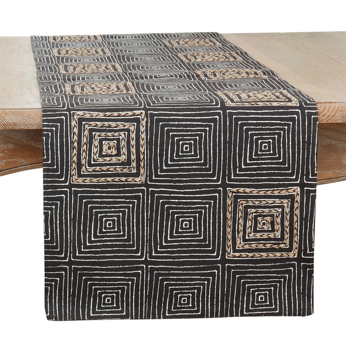 Fennco Styles Embroidered Maze Design Cotton Table Runner 16" W x 72" L - Black Textured Woven Table Cover for Everyday Use, Dining Room, Banquets, Family Gatherings, Holidays and Home Décor