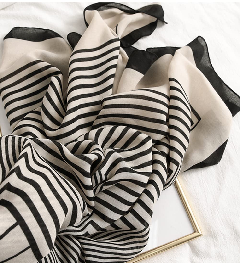 stylesilove Women Girls Elegant Striped Print Oblong Cotton Linen Scarf Lightweight Autumn Wrap Shawl