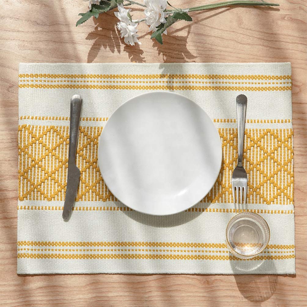 Fennco Styles Diamond Stitch Design Cotton Blend Placemats 14" W x 19" L, Set of 4 - Black Geometric Woven Table Mats for Boho Décor, Home, Dining Table, Banquets, Family Gatherings, Special Occasion