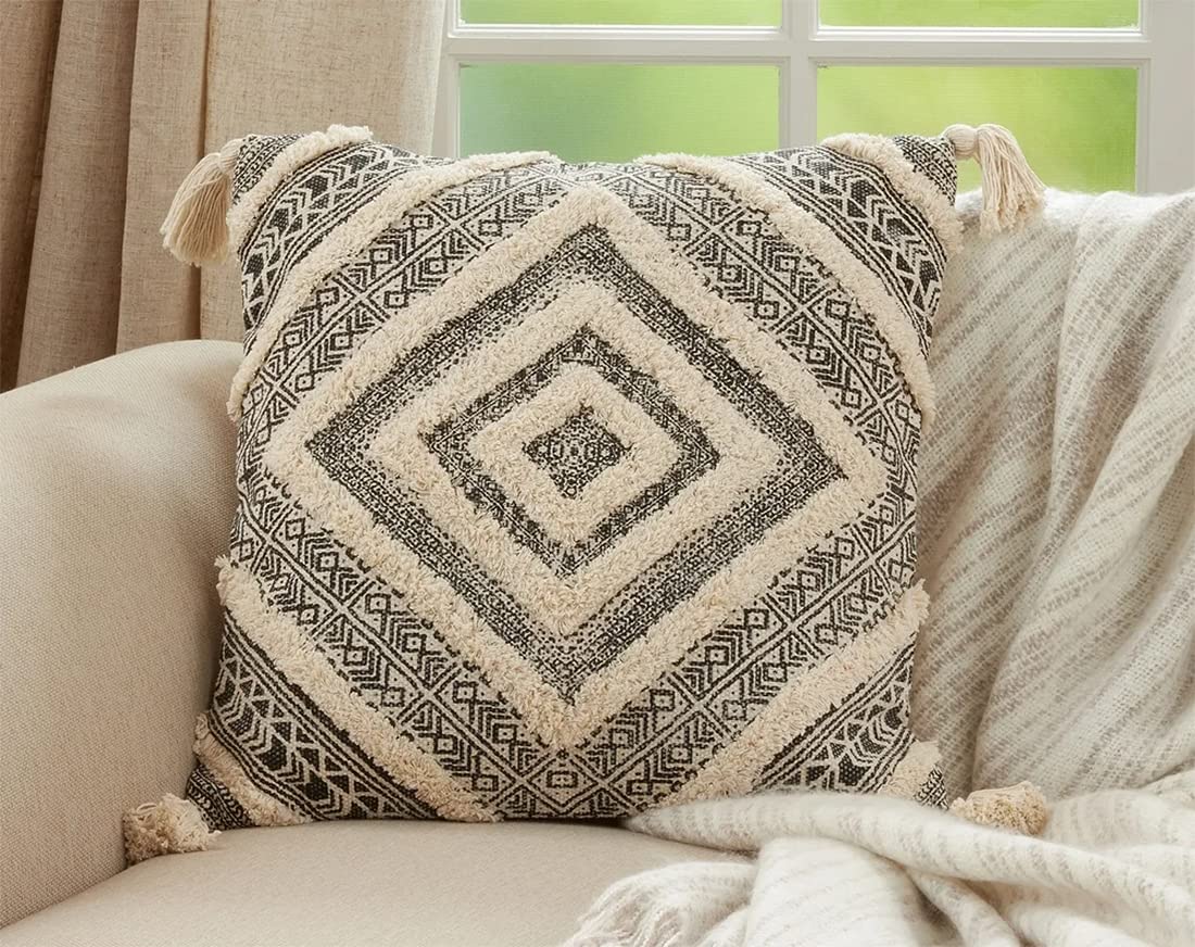 Fennco Styles Handmade Tufted Diamond Block Print Cotton Decorative Throw Pillow Cover 20" W x 20" L - Black Square Cushion Case for Home, Couch, Bedroom, Living Room and Office Décor