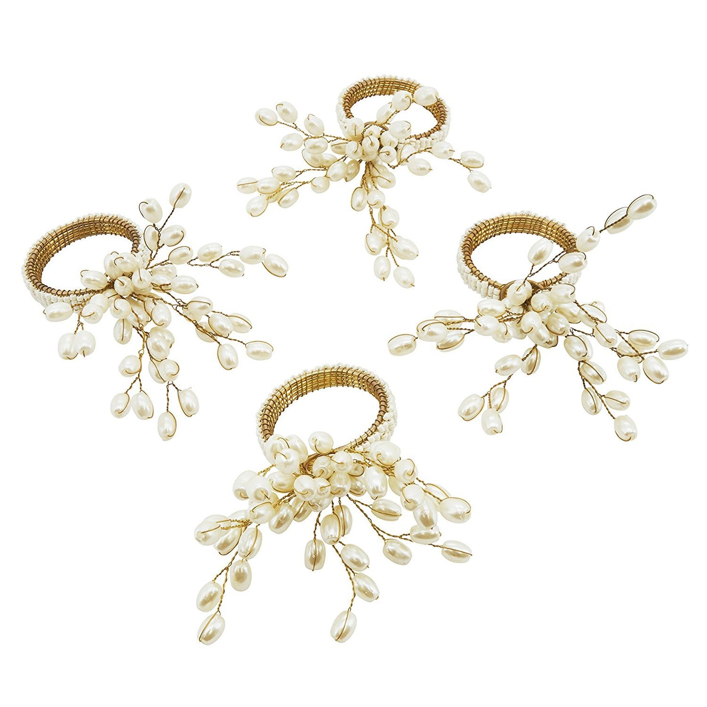 Fennco Styles Flower Beaded Design Napkin Rings, Set of 4 (Vanilla)