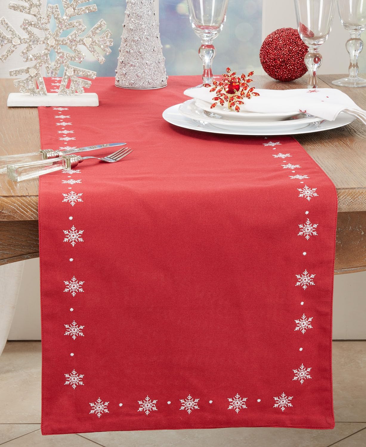 Fennco Styles White Embroidered Snowflake Christmas Table Runner 16" W x 72" L - Red Cotton Table Cover for Winter Holidays, Home Décor and Family Gatherings