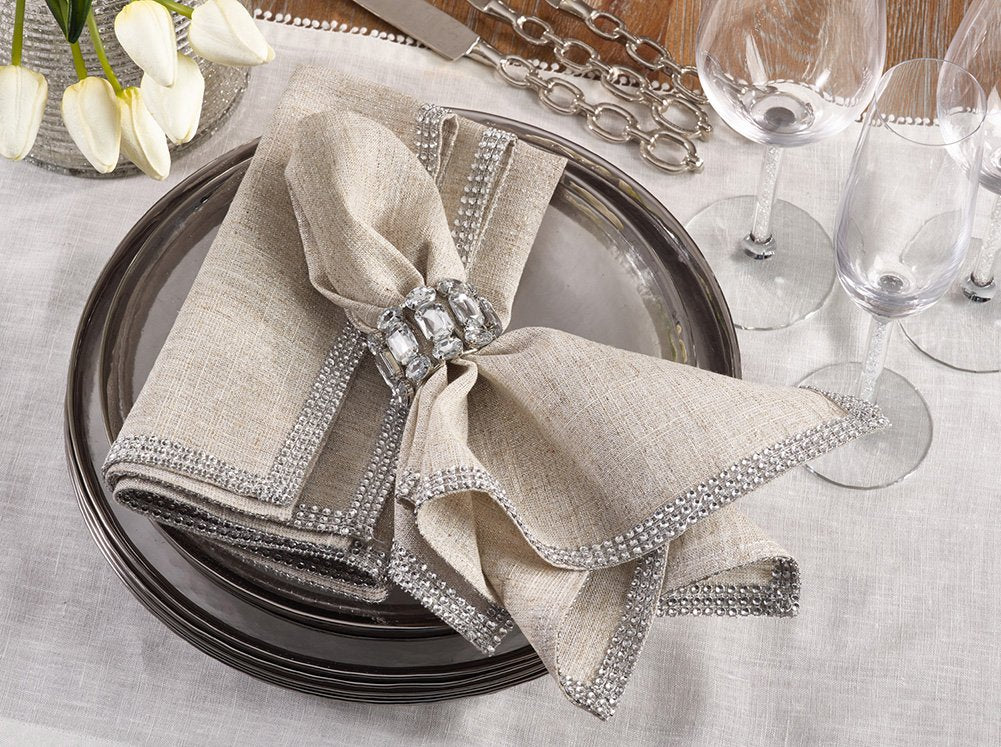 Fennco Styles Elegant Lily Collection Studded Design Cloth Napkins 20" W x 20" L, Set of 4 - White Rhinestone Dinner Napkins for Dining Table, Banquets, Family Gathering and Special Occasion