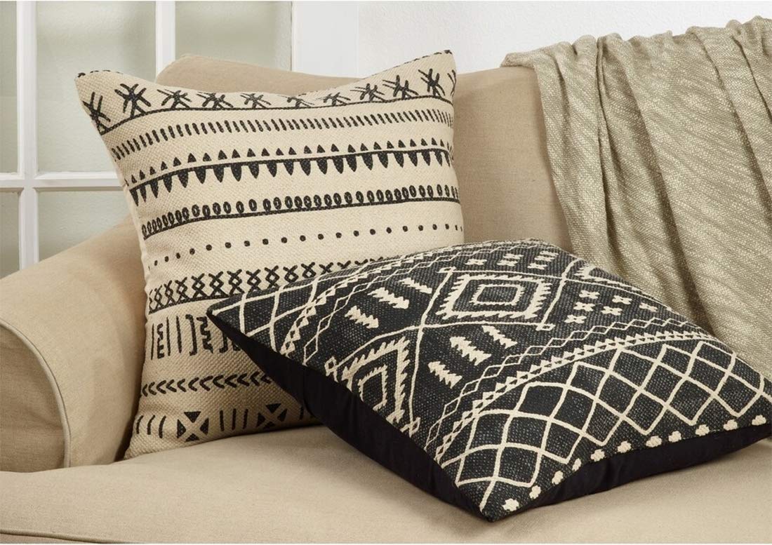 Fennco Styles Eclectic Mud Cloth Pattern Design 100% Cotton Decorative Throw Pillow Cover 22 x 22 Inch - Natural Geometric Pillow Case for Home, Couch, Living Room and Bedroom Décor