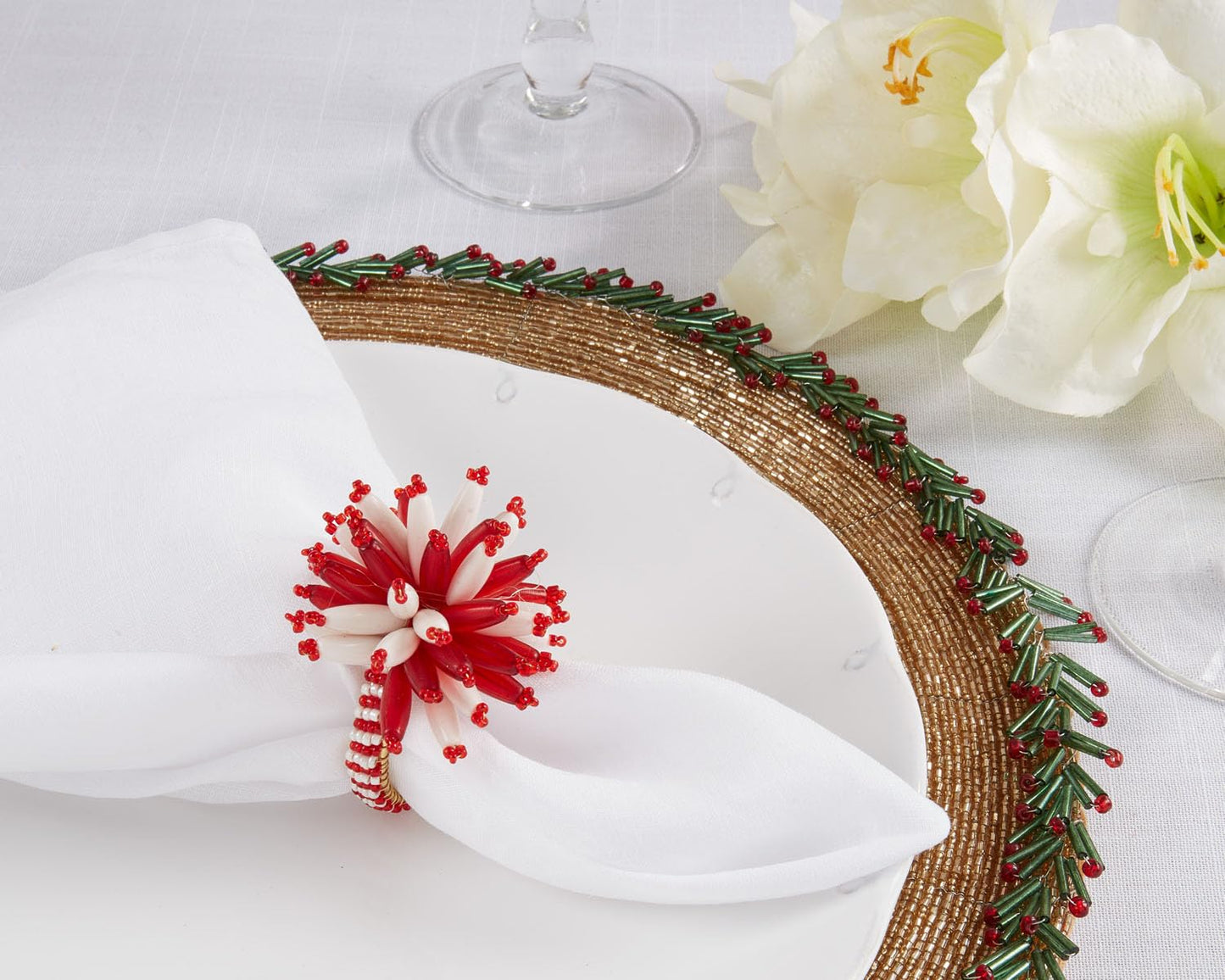 Fennco Styles Hand Beaded Bouquet Holiday Napkin Rings, Set of 4 - Red & White Decorative Napkin Holders for Dining Room, Banquet, Family Gathering, Christmas and Special Occasion