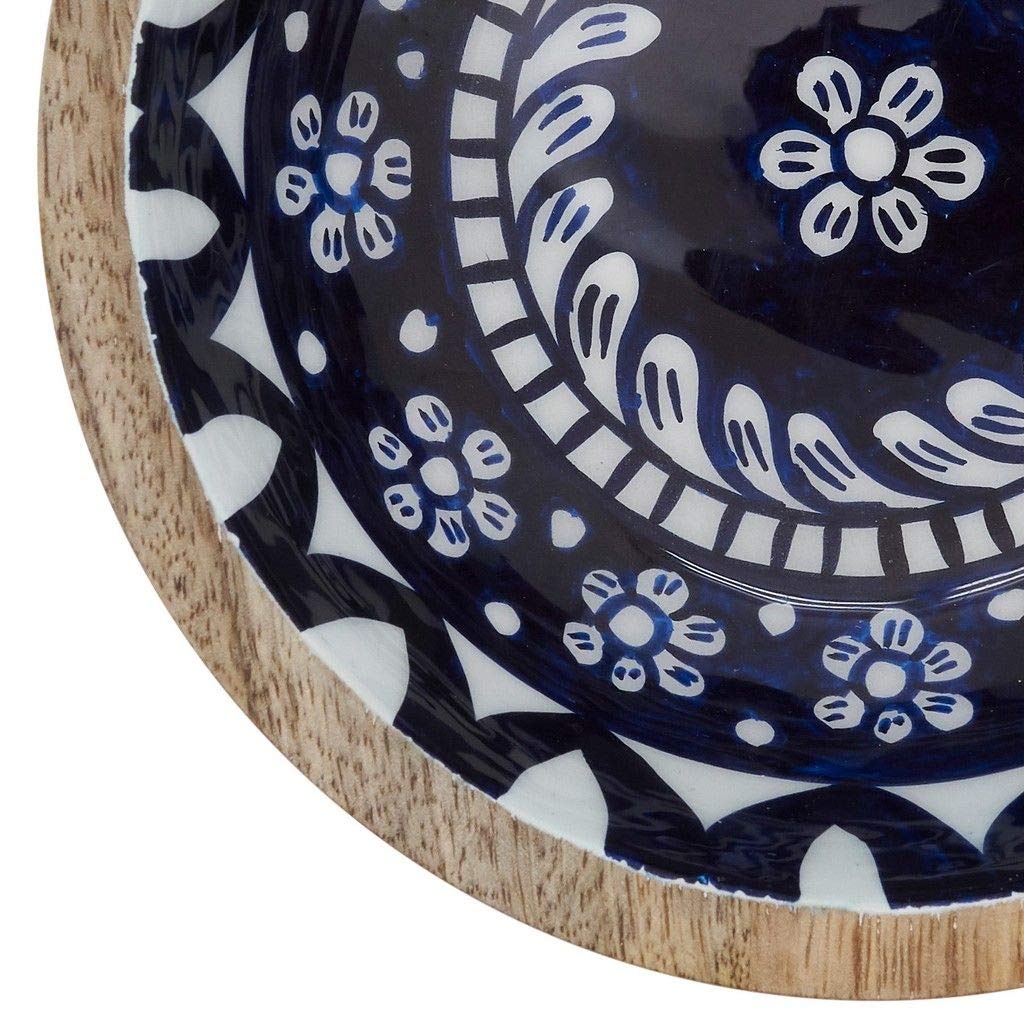 Fennco Styles 7" Round Mango Wood Serving Bowl with Blue Floral Enamel Design for Fruits, Salads, Sides, Home, Kitchen Décor and Holiday Gatherings
