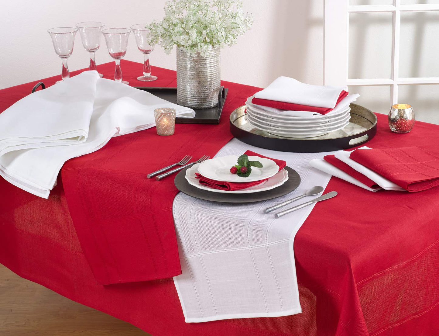 Fennco Styles Holiday Drawn Work Thread Design Table Runner - 2 Colors (Red, 16"x72" Table Runner)