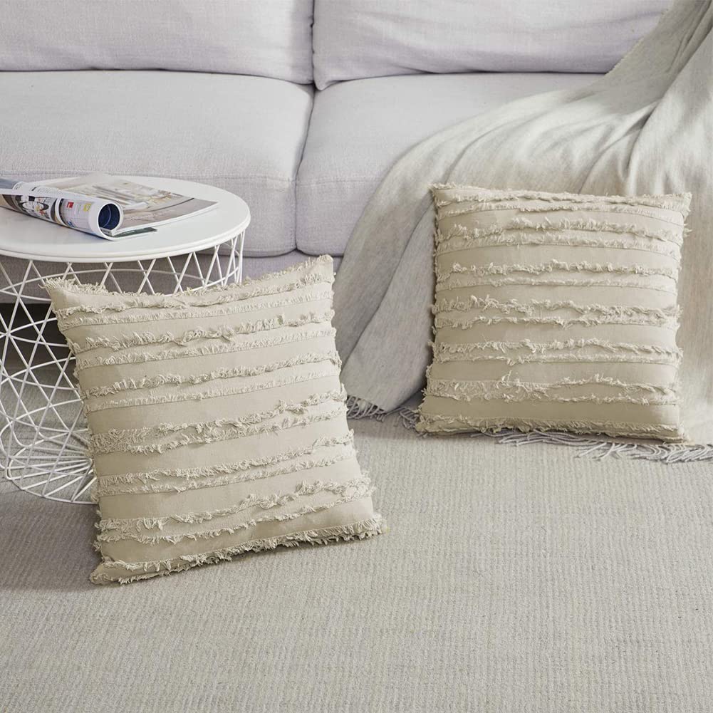 Fennco Styles Modern Fringe Stripe Cotton Decorative Throw Pillow Cover 17" W x 17" L - Cotton Cushion Case for Home, Farmhouse, Couch, Living Room, Bedroom and Office Décor