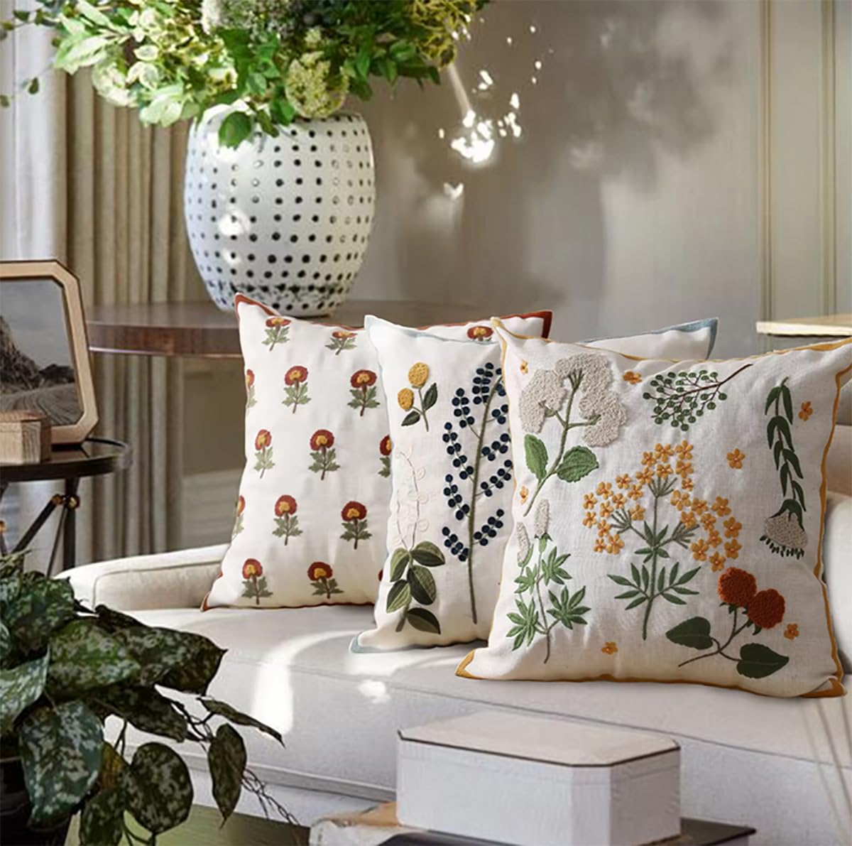 Fennco Styles Embroidered Spring Floral Decorative Throw Pillow Cover 18" W x 18" L - Flower Woven Cushion Case for Home, Couch, Living Room, Bedroom, Office and Holiday Décor