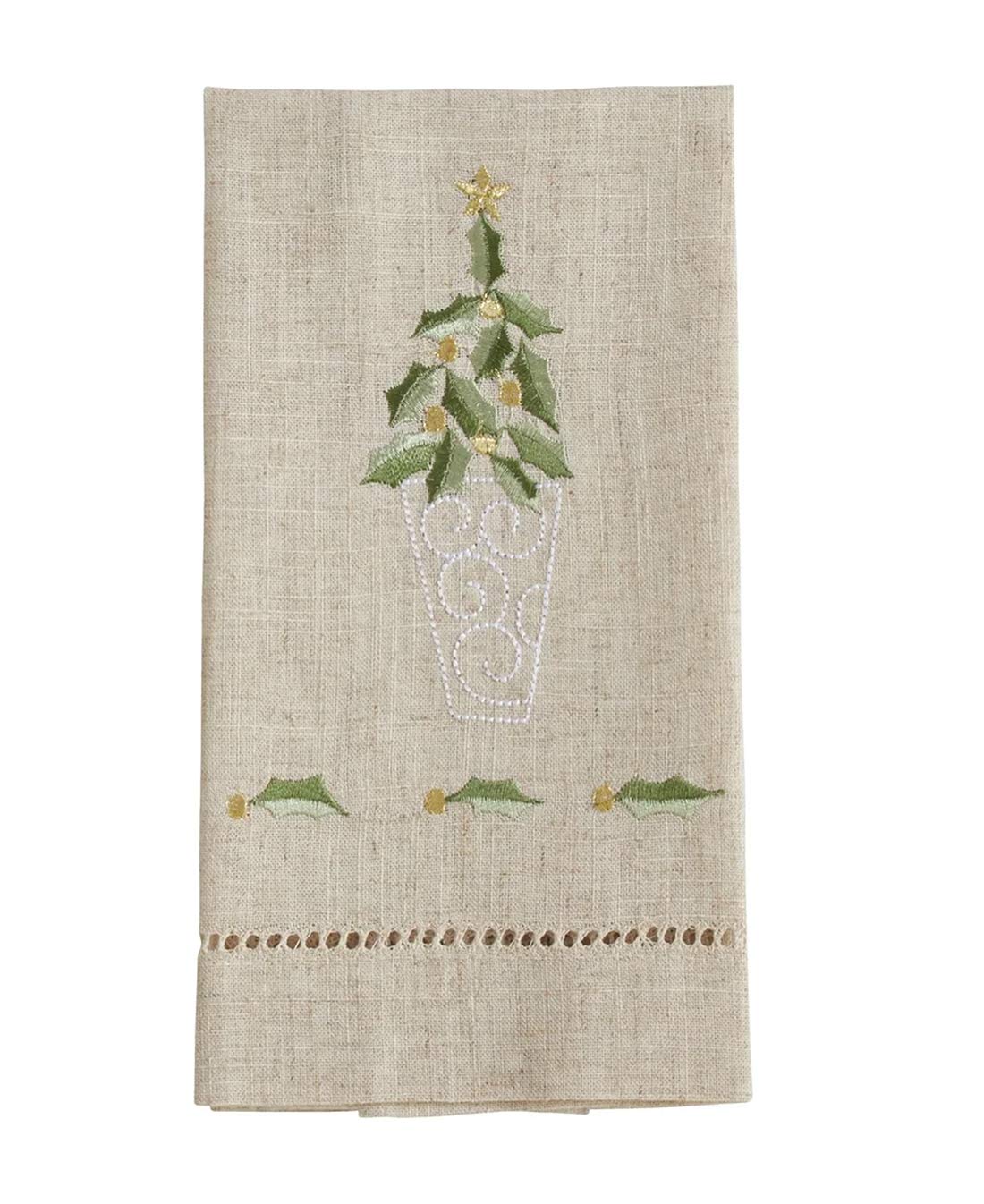 Fennco Styles Embroidered and Hemstitched Design Topiary Linen-Poly Guest Towels 14 x 22 Inch, Set of 4 – Natural Modern Hand Towels for Christmas, Bathroom Decor, Bar Accessories, Wedding Gift