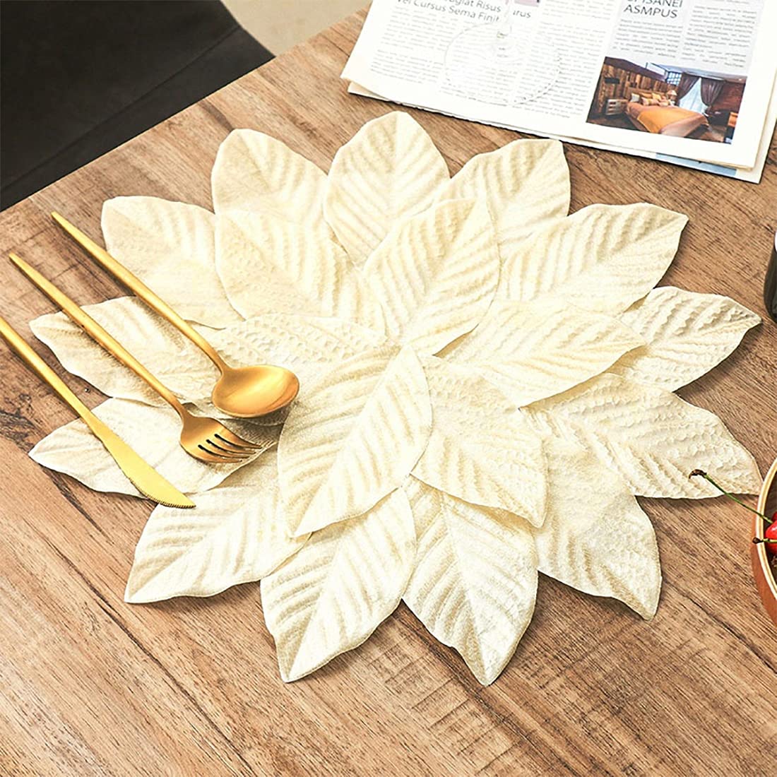 Fennco Styles Handmade Leaf Shaped Shimmer Placemats 14 Inches Round, Set of 4 – Champagne Flower Table Mats for Home, Dining Room Décor, Banquets, Indoor & Outdoor and Special Events