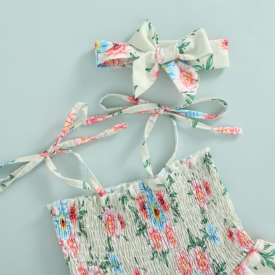 stylesilove Baby Toddler Girls Floral Print Smocked Tiered Sleeveless Dress & Headband 2pcs Summer Ruffle Sundress Outfit