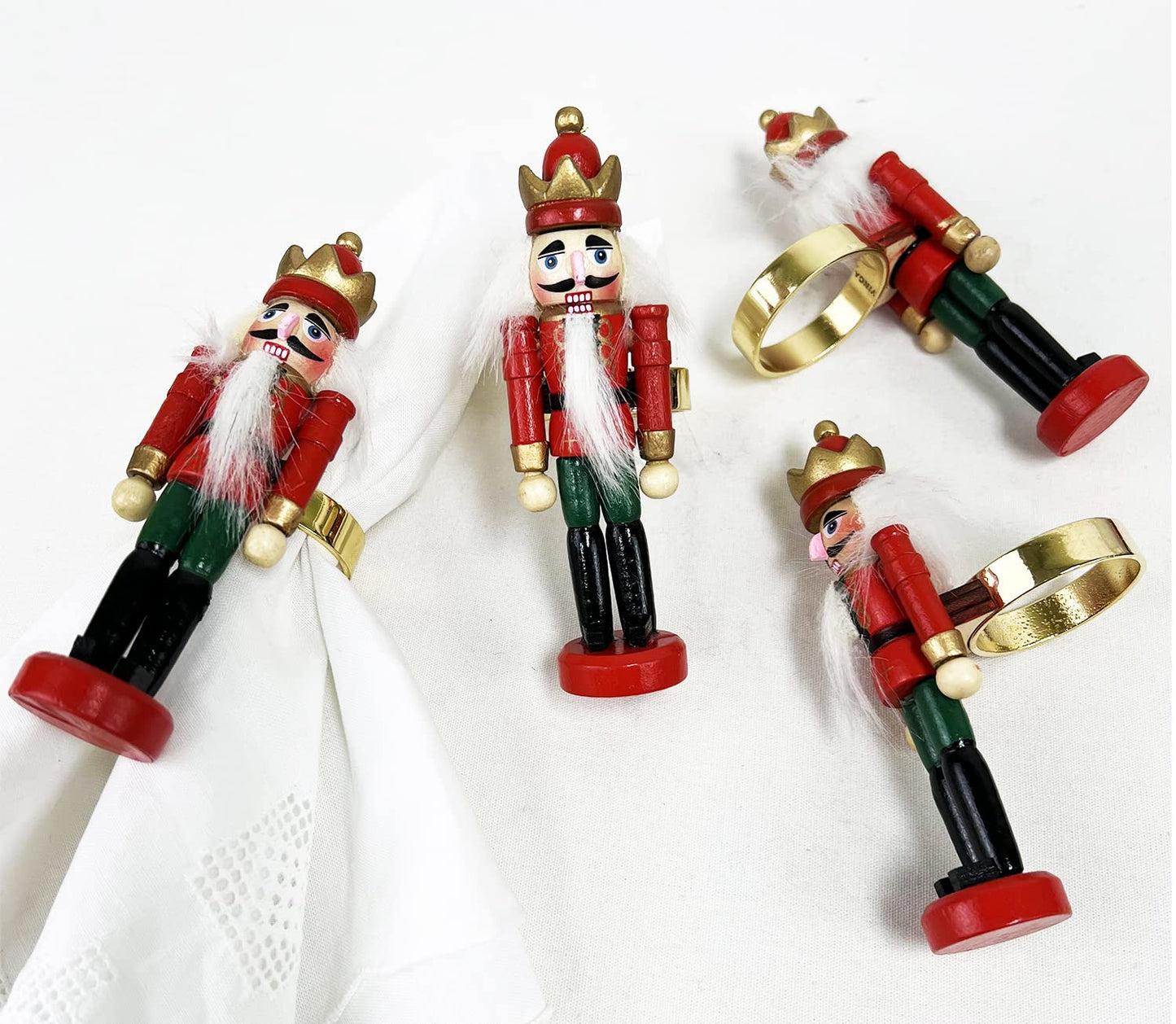 Fennco Styles Handmade Wooden Nutcracker Decorative Napkin Rings, Set of 4 - Festive Soldier Napkin Holders for Dining Table, Christmas, Holidays Décor and Special Occasions