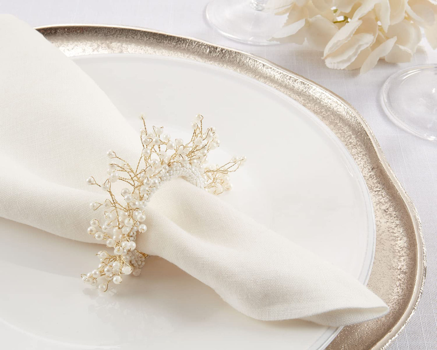 Fennco Styles Hand Beaded Faux Pearl Napkin Rings, Set of 4 - Elegant Pearl Collection Napkin Holders for Home Décor, Dining Room, Wedding, Banquets and Special Occasions