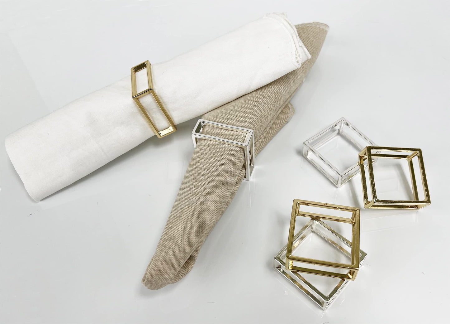 Fennco Styles Square Metal Frame Napkin Rings, Set of 4 - Gold Minimalist Bangle Napkin Holders for Home, Dining Room, Banquets, Family Gatherings, Holidays and Special Occasions