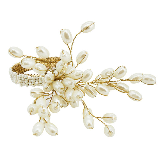 Fennco Styles Flower Beaded Design Napkin Rings, Set of 4 (Vanilla)