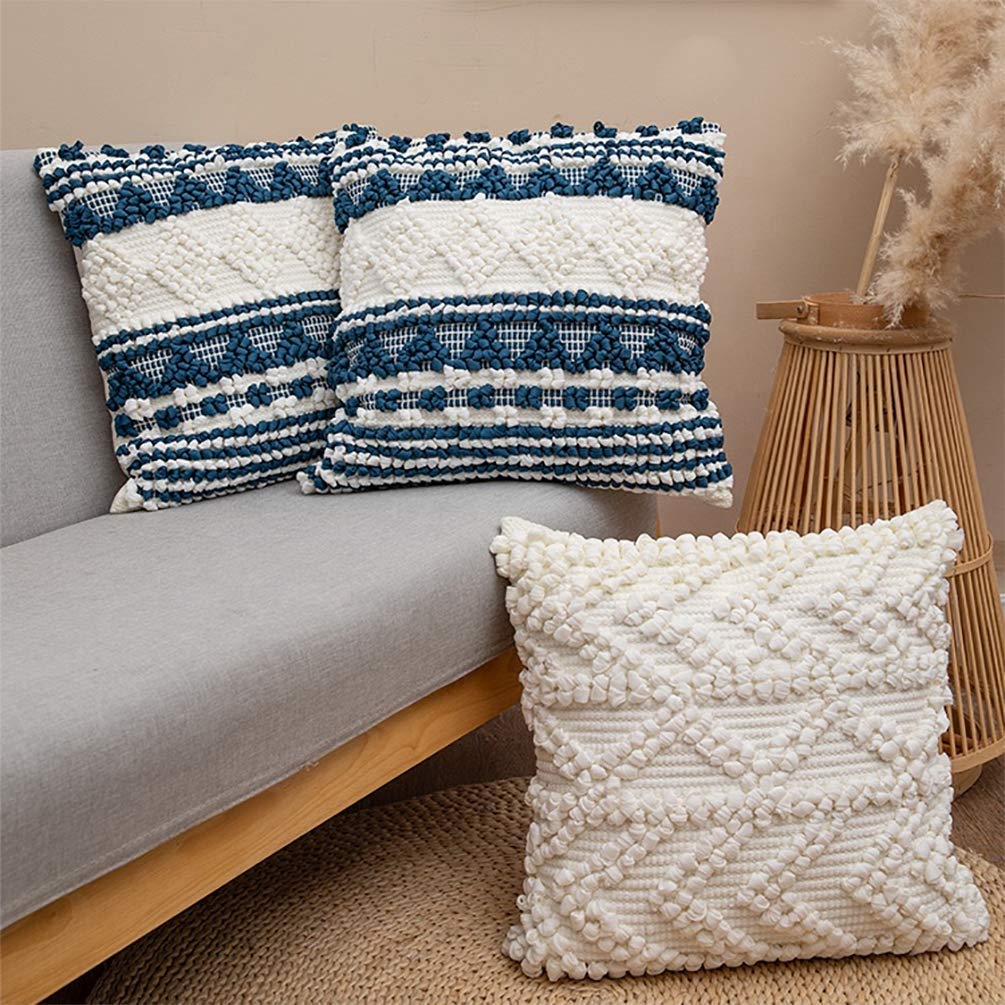 Fennco Styles Handmade Geometric Cotton Blend Decorative Throw Pillow Cover 18" W x 18" L - White Woven Pillow Case for Home, Couch, Bedroom, Bench and Office Décor