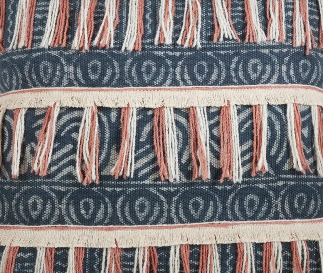 Fennco Styles Bohemian Block Print Embroidered Fringe Design Decorative Throw Pillow Cover 22 x 22 Inch - Blue Cotton Pillow Case for Home, Couch, Bedroom Décor and Special Occasion