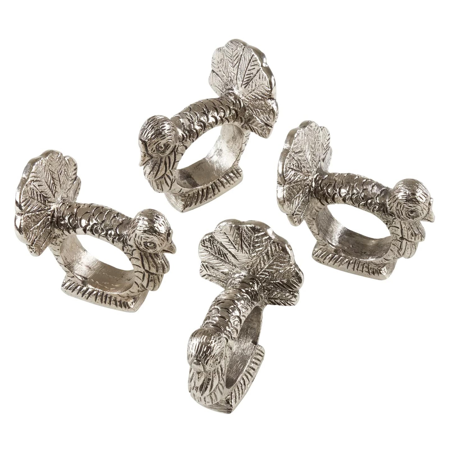 Fennco Styles Turkey Design Aluminum Decorative Napkin Rings, Set of 4 - Silver Animal Metal Napkin Holders for Home, Dining Room, Banquet, Family Gathering, Holiday and Special Occasion