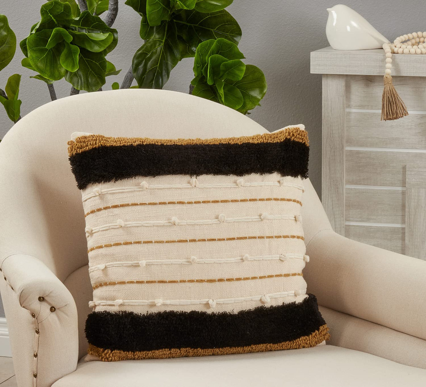 Fennco Styles Embroidered Stripe Cotton Decorative Throw Pillow 20" W X 20" L – Gold Textured Cushion for Couch, Sofa, Bedroom, Office and Living Room Décor