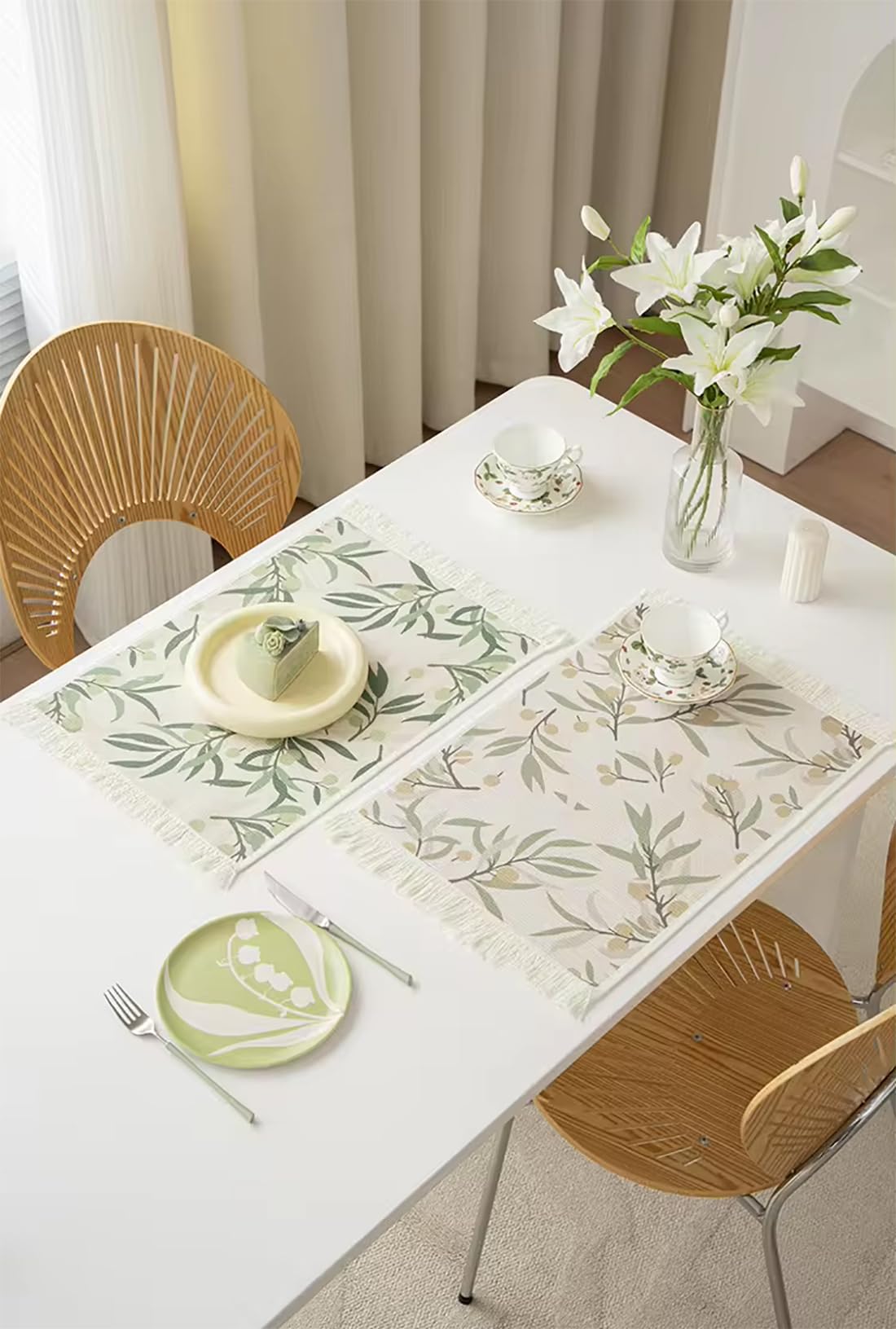 Fennco Styles Berries & Leaves Printed with Fringe Placemats 14" W x 19" L, Set of 4 - Botanical Design Table Mats for Dining Room, Banquets, Family Gatherings, and Holidays