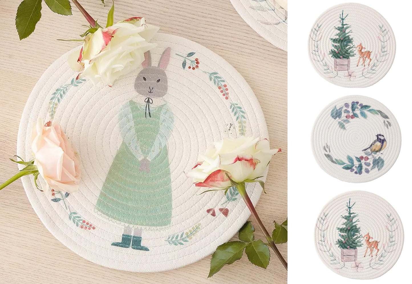 Fennco Styles Rabbit & Botanical Print Cotton Blend Woven Placemats 12" Round, Set of 4 - Cartoon Animal Design White Table Mats for Home Décor, Dining Table, Banquet, Holiday and Family Gathering