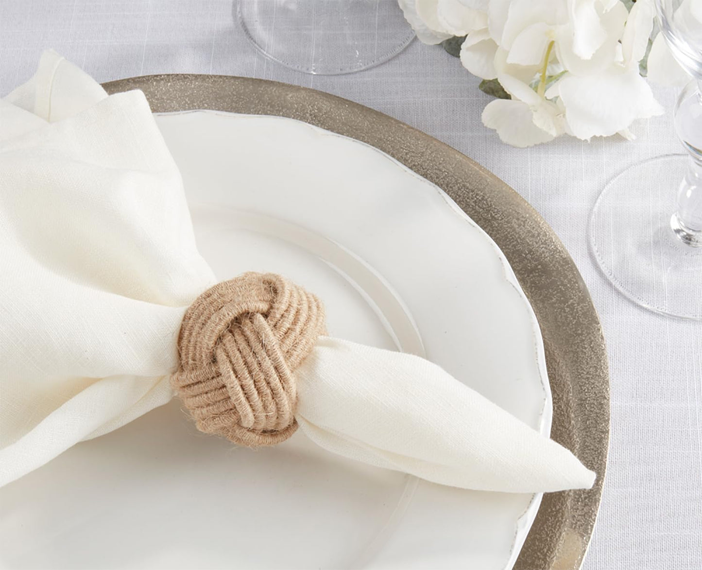 Fennco Styles Classic Braided Jute Napkin Rings, Set of 4 - Ivory Burlap Napkin Holders for Dining Table, Home, Banquets, Holidays, Family Gatherings and Special Events