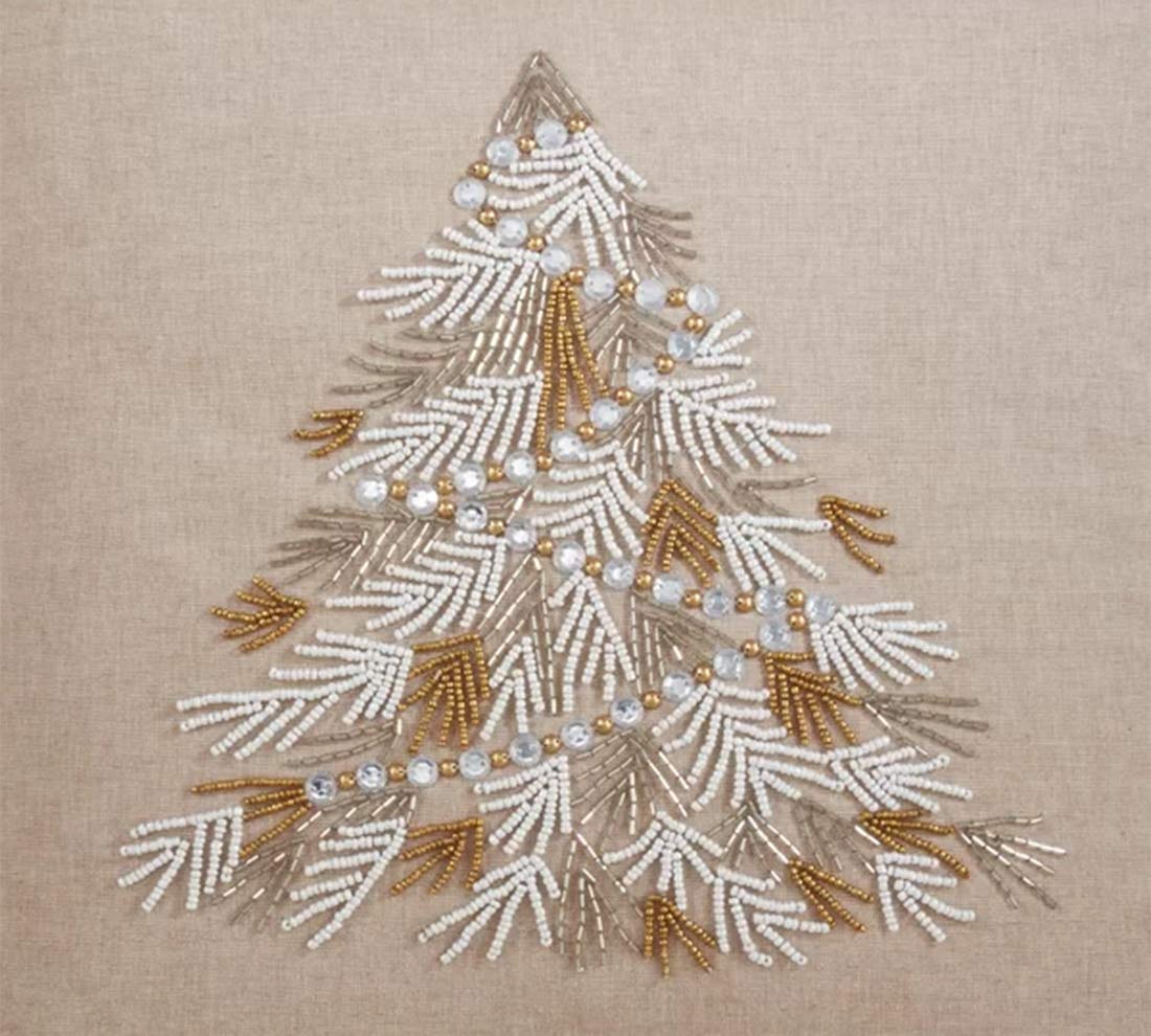 Fennco Styles Beaded Christmas Tree 100% Cotton Decorative Throw Pillow Cover 18 x 18 Inch - Beads Pillow Case for Holiday Décor, Couch, Living Room and Bedroom Décor