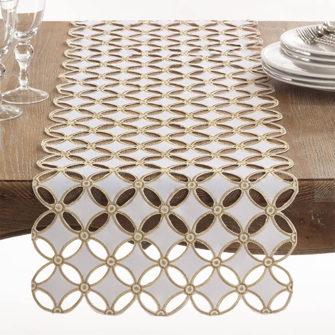 Fennco Styles Buche De Noel Collection Cutwork Design Tablecloth 67 x 67 Inch - Gold Table Cloth for Holiday, Banquets, Family Dinner and Special Events