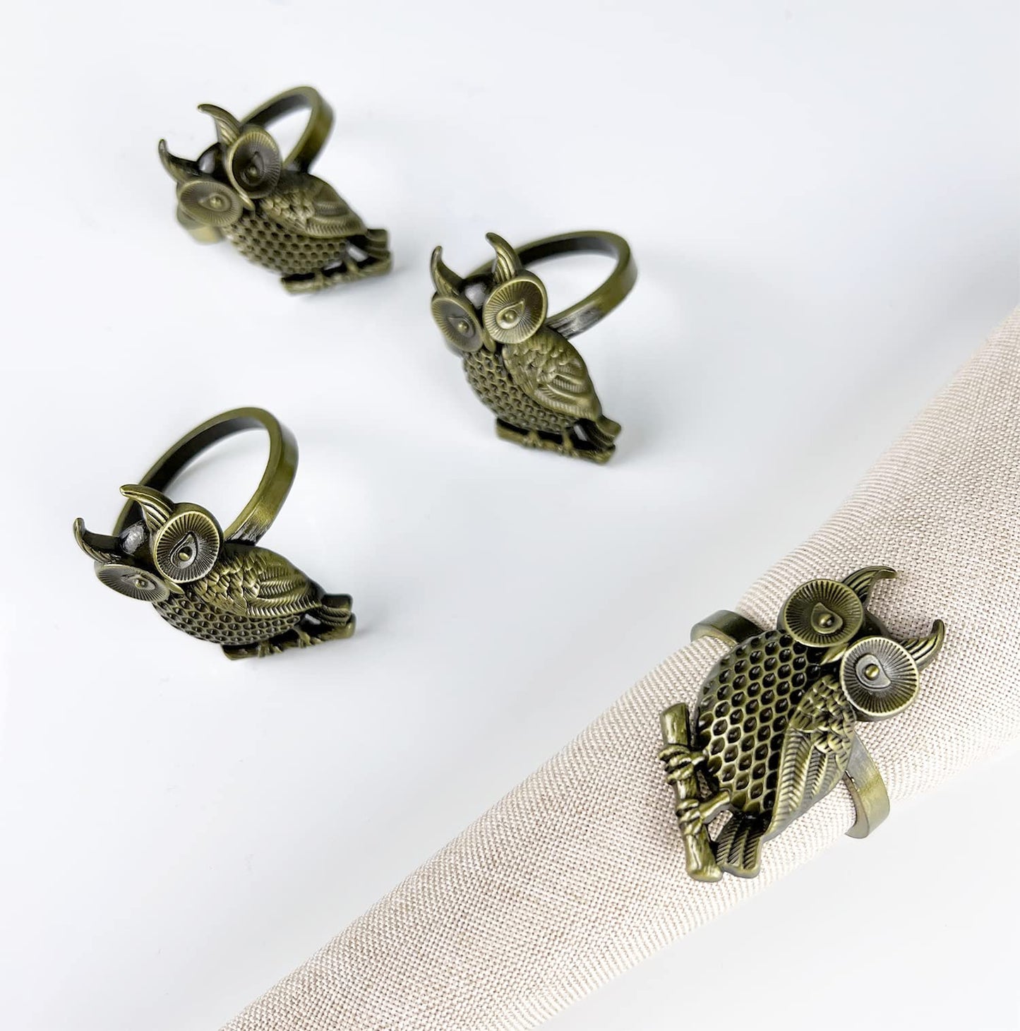 Fennco Styles Perched Owl Metal Napkin Rings, Set of 4 - Animal Napkin Holders for Home Décor, Dining Table, Banquets, Family Gathering and Special Occasions