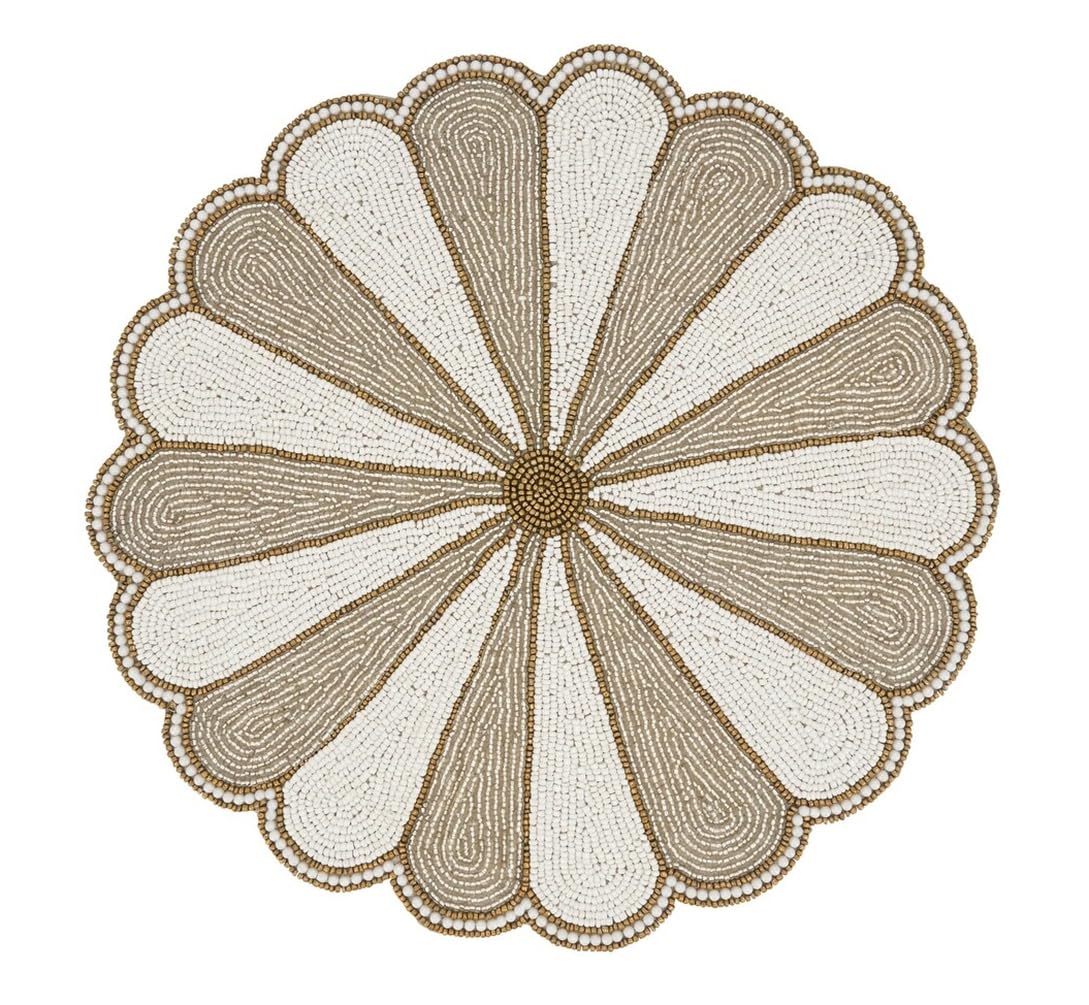Fennco Style Unique Beaded Pinwheel Holiday Placemat 14" Round, 1-Piece - Black & White Sparkly Table Mat for Home Décor, Christmas, Family Gatherings and Special Events