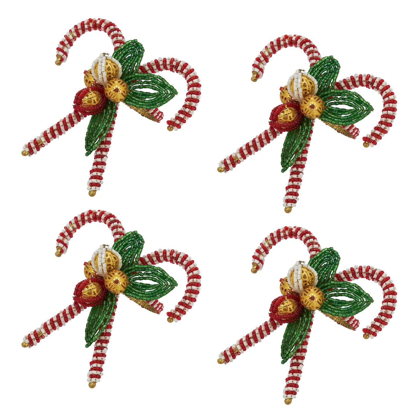 Fennco Styles Hand Beaded Candy Cane Christmas Napkin Rings, Set of 4 - Red & Green Glass Beads Napkin Holders for Home, Dining Room, Banquet, Family Gathering, Holiday Décor and Special Occasion