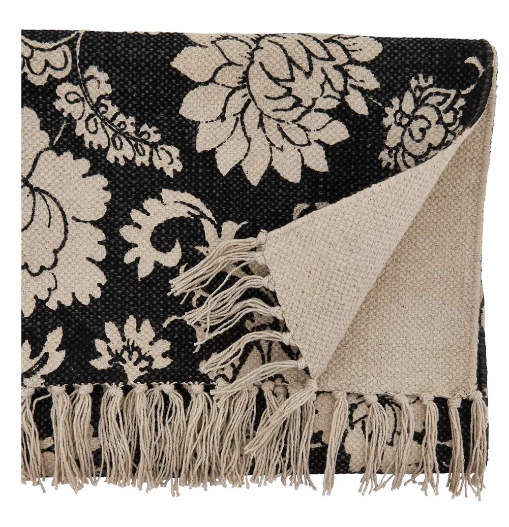 Fennco Styles Fringed Floral Cotton Table Runner 16 x 72 Inch – Black Table Cover for Home Décor, Dining Table, Banquets, Holidays and Special Events