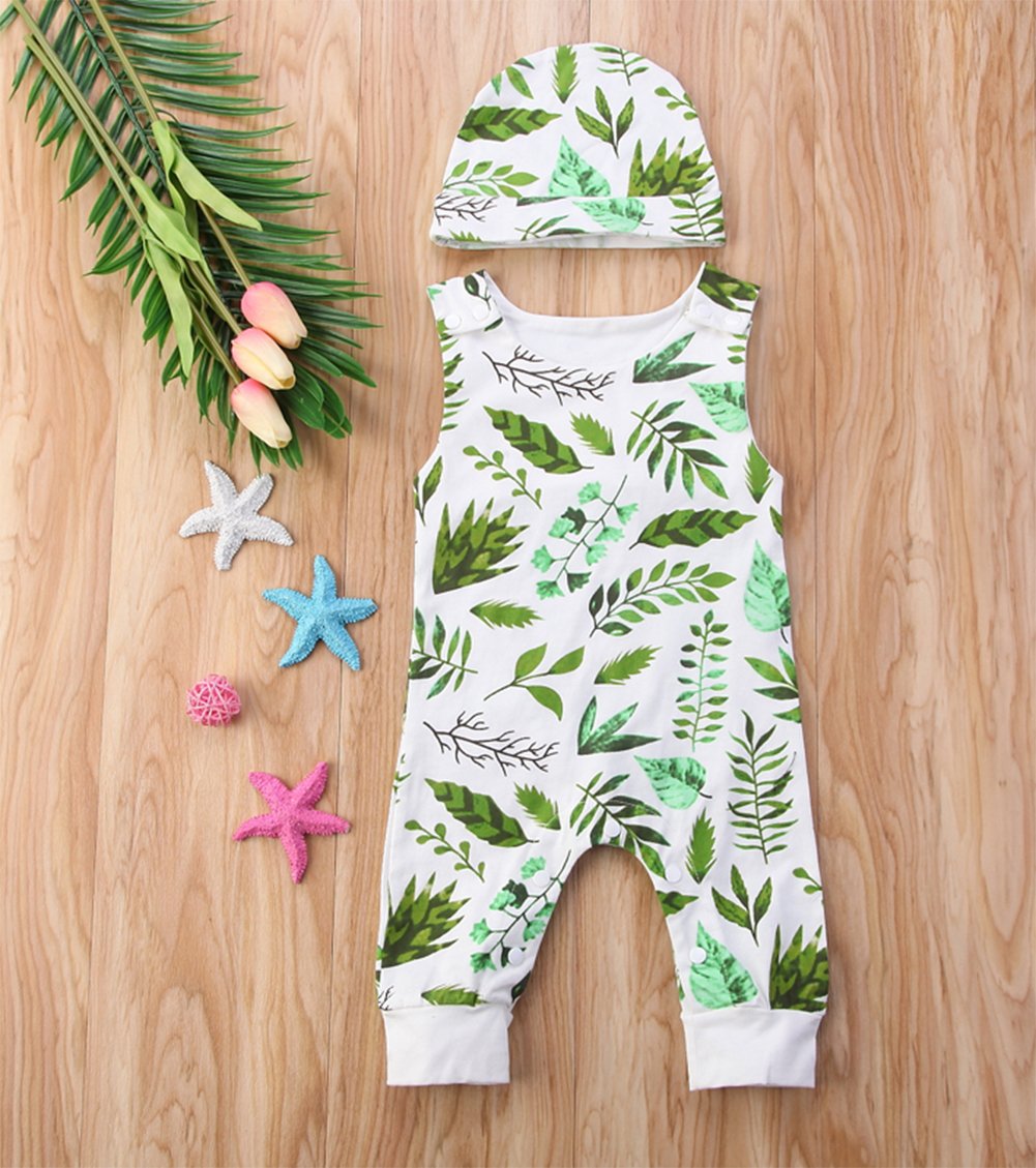 stylesilove Unisex Baby Leaves Pattern Sleeveless Cotton Romper with Hat 2 pcs Set