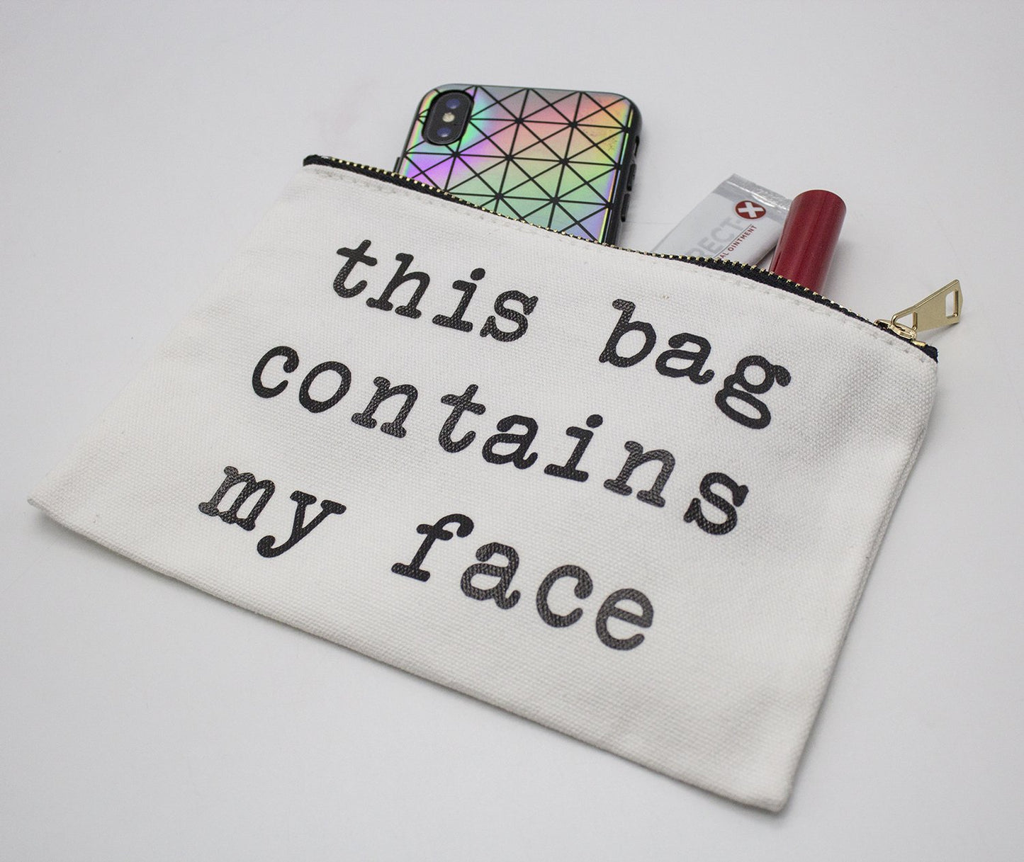 stylesilove Womens Girls 100% Cotton Canvas Stylish Print This Bag Contains My Face Travel Cosmetic Case Makeup Bag Black Multi-use Pouch with Bold Gold Zipper