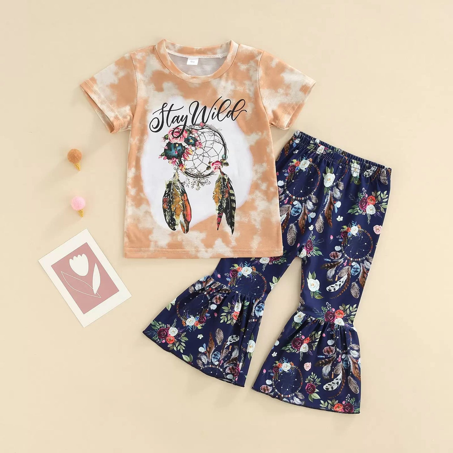 stylesilove Toddler Kid Girls Stay Wild Tie-Dye Short Sleeve Top & Floral Flare Pants 2pcs Multicolored Dream Catcher Outfit