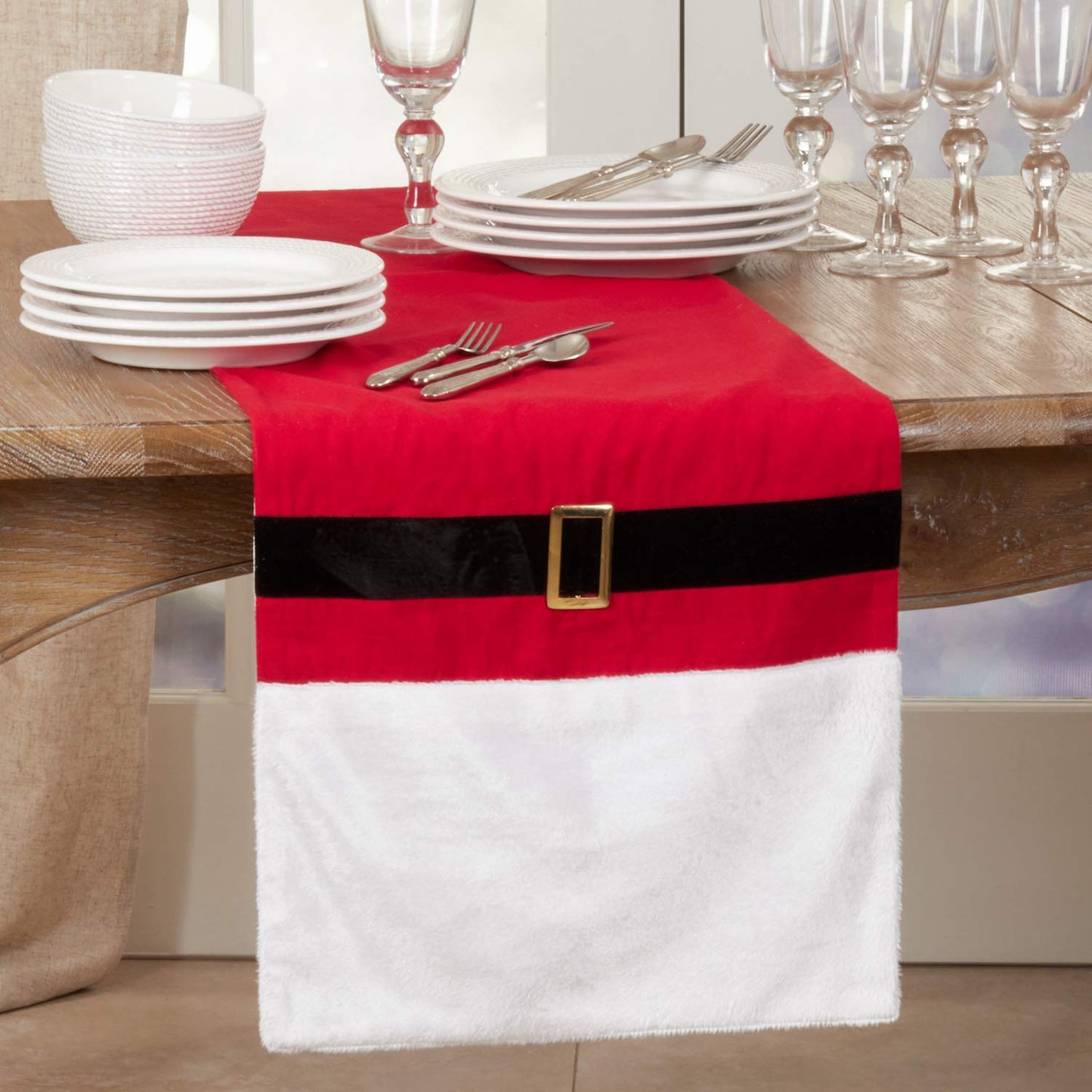 Fennco Styles Christmas Santa Belt Table Runner 16" W x 72" L - Red Table Cover for Christmas, Holiday, Dining Table, Family Gathering, Banquets and Special Occasion