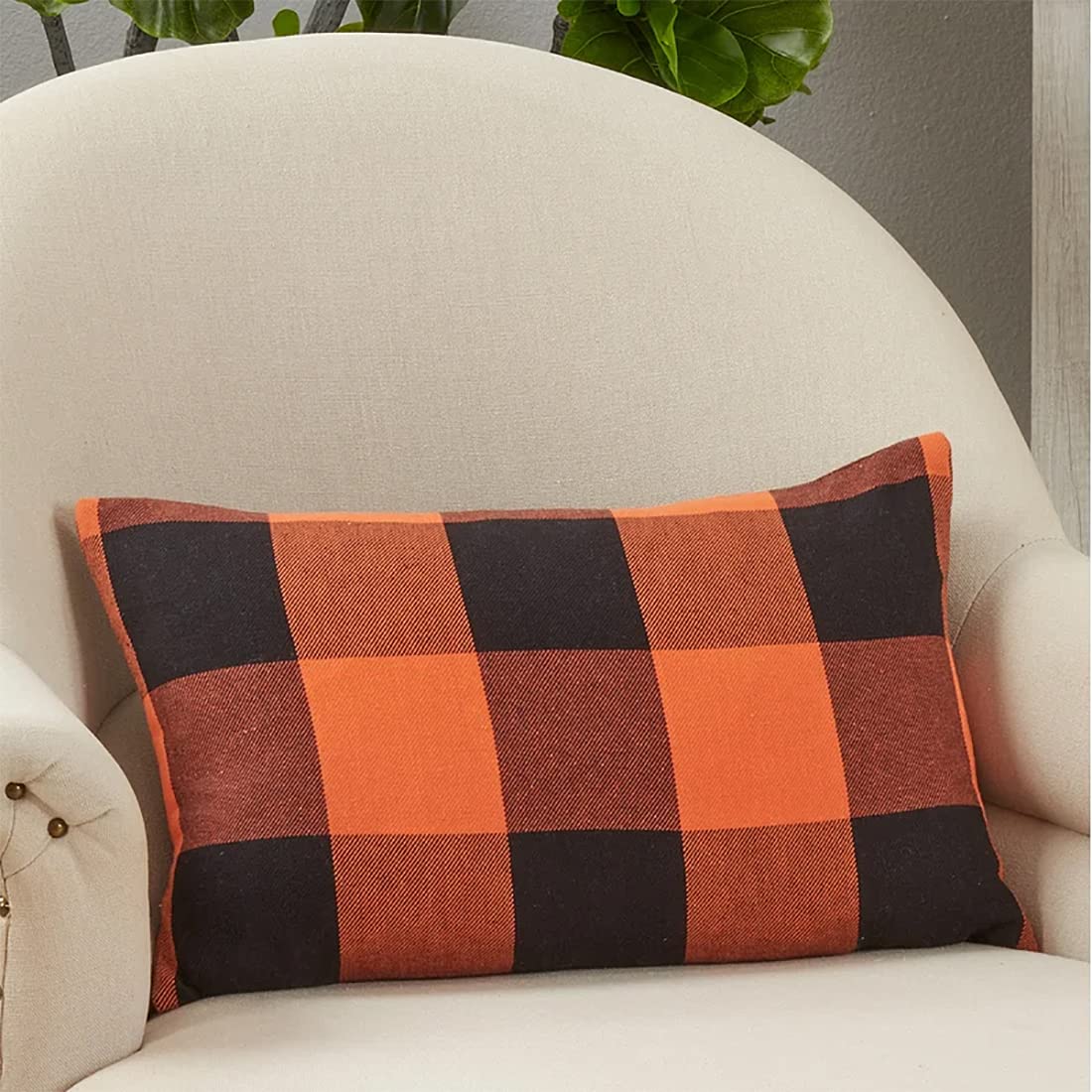 Fennco Styles Rustic Buffalo Plaid Design Cotton Decorative Throw Pillow 13 x 20 Inch - Orange Black Holiday Accent Pillow for Home, Couch, Living Room, Bedroom and Office Décor