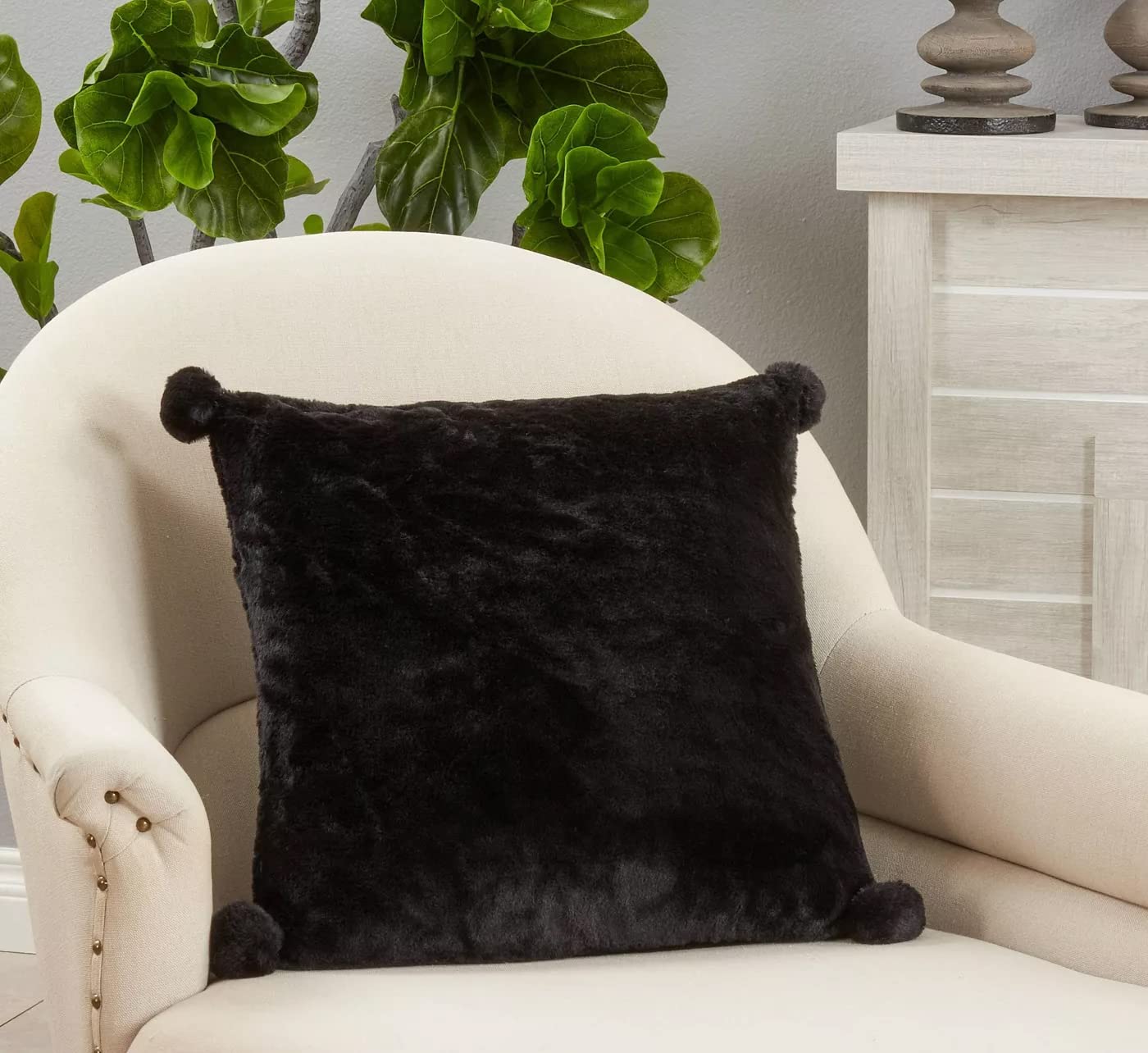 Fennco Styles Plush Faux Rabbit Fur Pom Pom Decorative Filled Throw Pillow 18" W x 18" L – Grey Cushion for Couch, Bedroom, Living Room and Office Décor