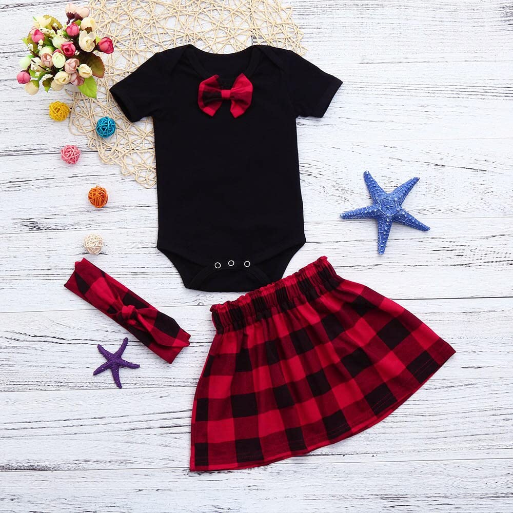 stylesilove Baby Girls Bowknot Short Sleeve Black Cotton Bodysuit, Plaid Skirt with Headband 3pcs Holiday Outfit